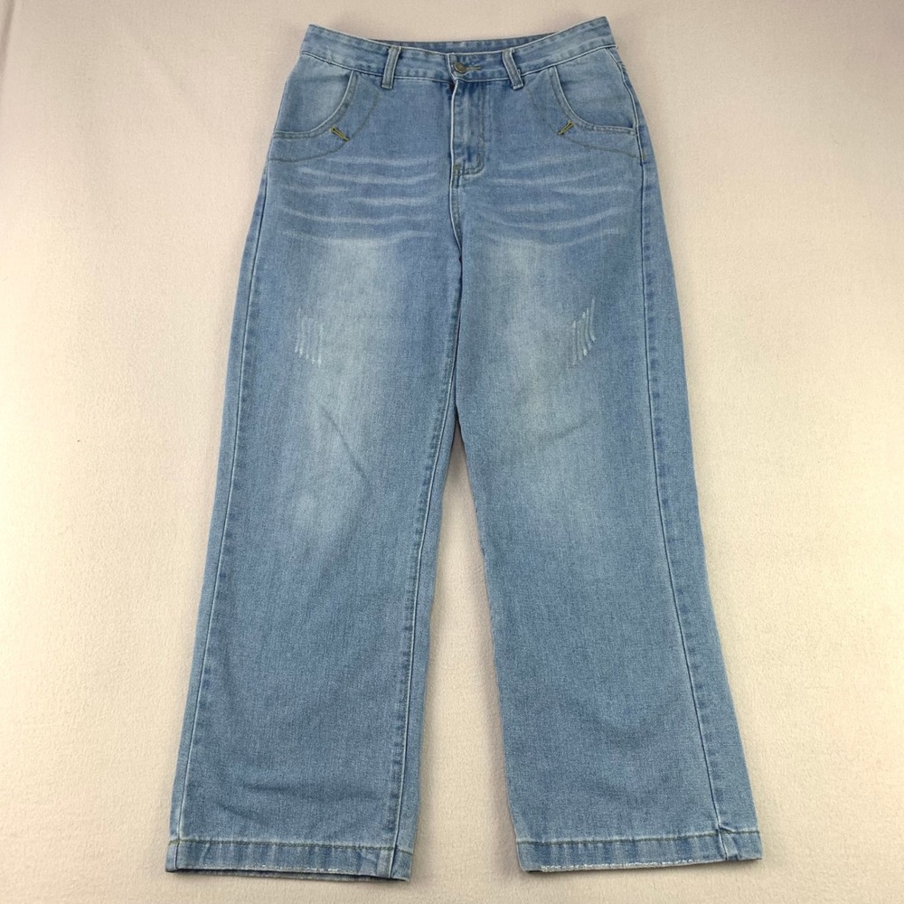 Wide Leg Jeans Women L Blue High Rise Denim Light Wash